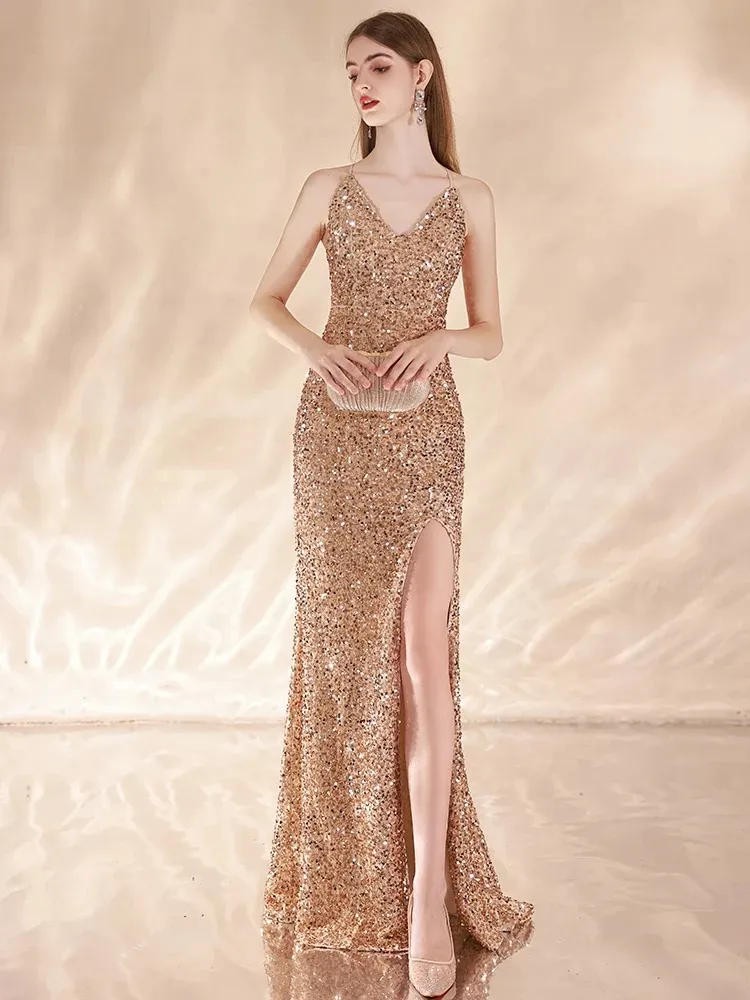 Elegant Gold Sequin Evening Dress Long Mermaid Gown, Spaghetti