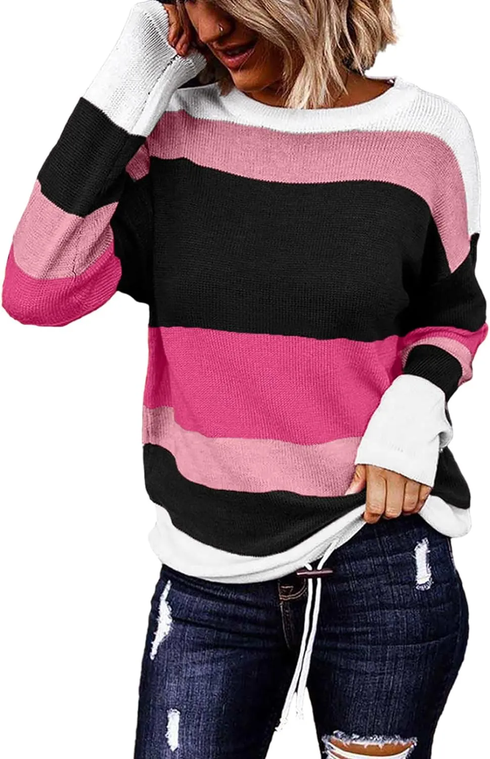 Women`s Sweaters Fall Sweaters Round Neck Striped Cute Winter Pullover Sweaters for Women Trendy 2023 Drawstring 