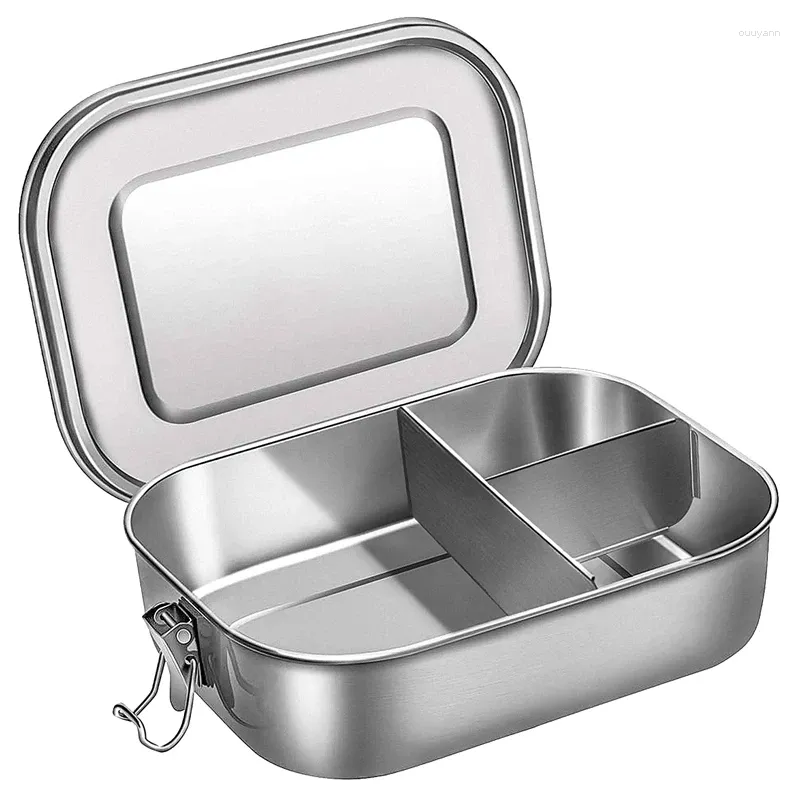 Vaisselle boîte à Bento en acier inoxydable, récipient à déjeuner à 3 compartiments pour Sandwich et deux côtés 1400 Ml