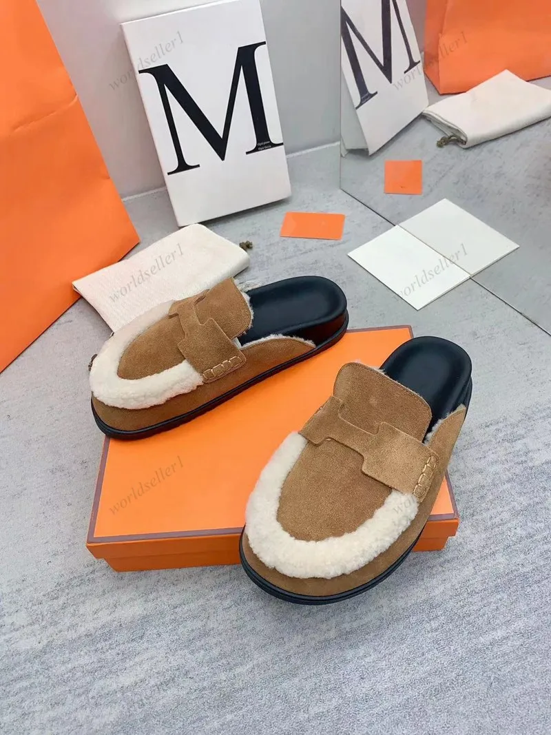 GO MULE SANDALLAR Lüks Sonbahar Kış Stilleri tıkanıklıklar katırlar sandal moda slayt baotou kalın taban yarım terlik deri süet taupe terlik