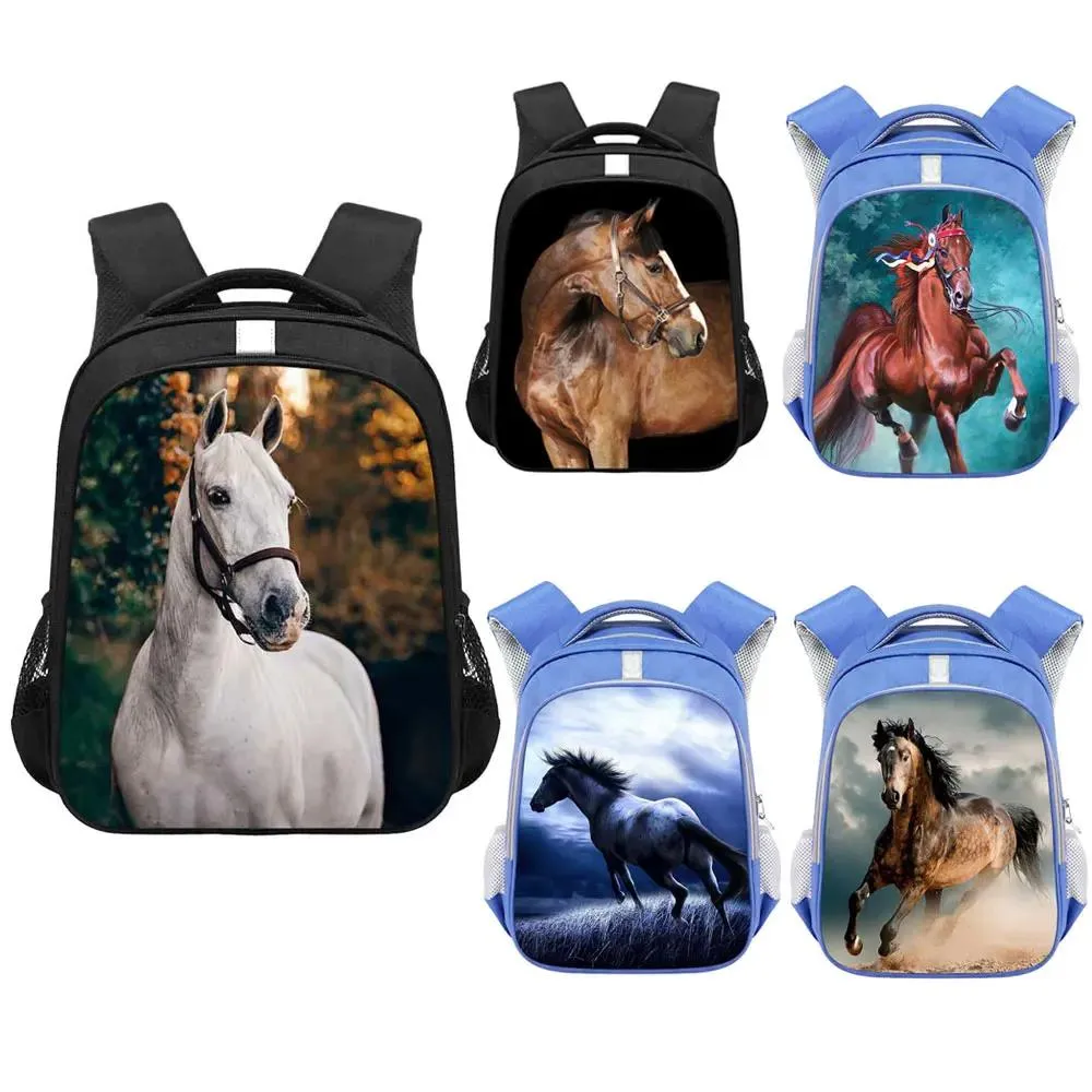 Bolsas de 13 polegadas Backpack War Horse Backpack Sacos da escola para meninos Meninas pônei Rucksack Kids Kindtarten Bag School School Bookbag