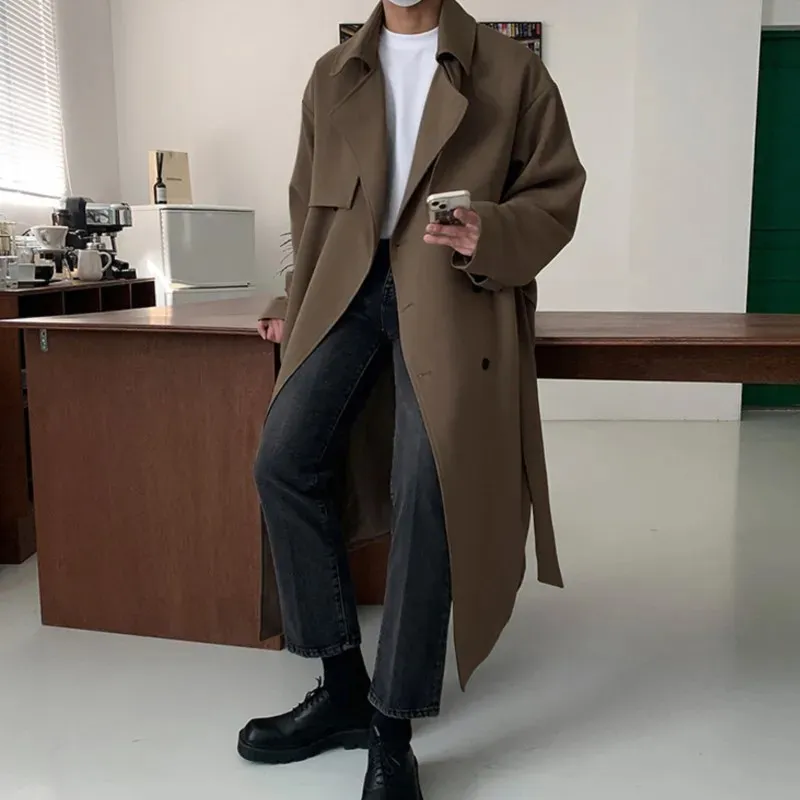 Trench Men Coat British Style Solid Double Breasted Oversize Leisure Long Coats Stylish Outwear Hombre Korean Style Windbreaker 240119