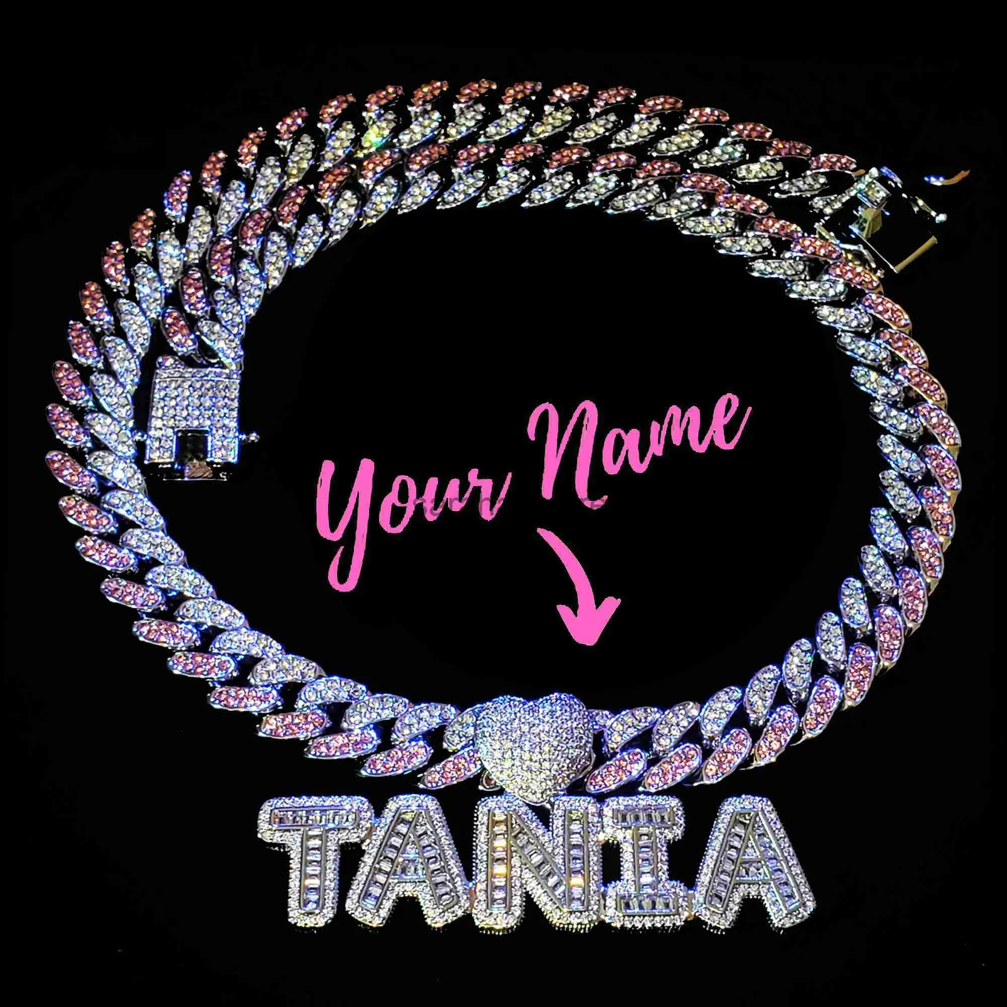 Pendant Necklaces Pink Clear Stones Cuban Link Chain With Name Pendant Choker Heart Bail Icy Letters Necklace BlingblMonogram Custom Necklace J240120