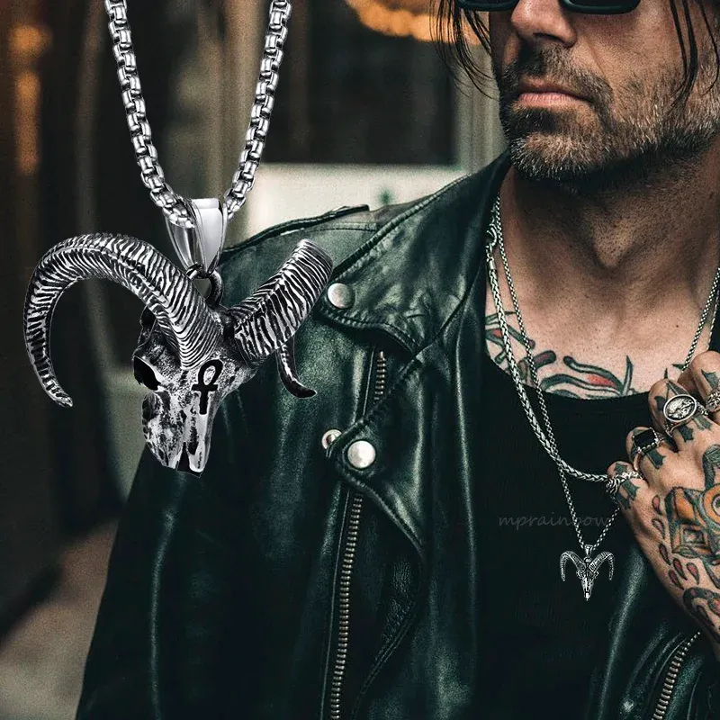 Pendentif crâne de tête de chèvre satanique, collier de style Punk Goth en or blanc Satan 14K, satanique, Lucifer, Halloween, diable