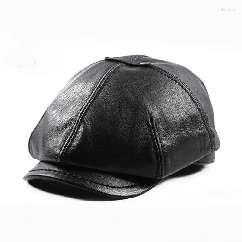 Berets outono inverno genuíno couro de vaca boina para homens rebite vestido bewsboy retro chapéu preto de alta qualidade luxo octogonal pintor