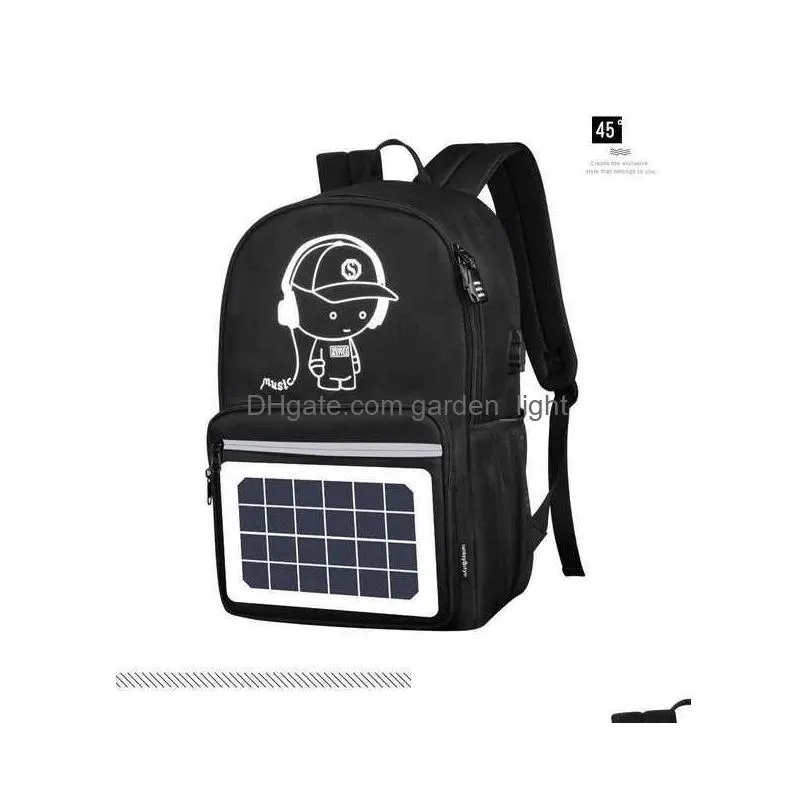 Solar Rugzak Heren Rugzakken Cartoon Anti-Diefstal Waterdicht 14Inches Vrouw USB Opladen Reizen Schooltassen Voor Tieners Designer 010 Dheya