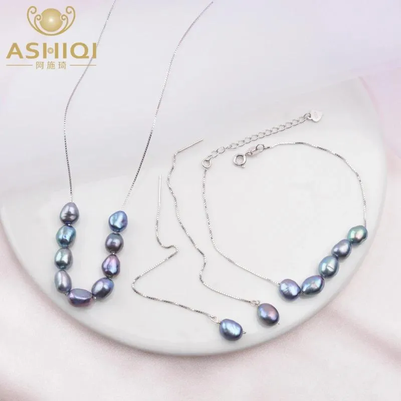 الأساور Ashiqi Sterling Sier Jewelry مجموعات حقيقية باروك عذبة المياه العذبة سوار أقراط للنساء جديد