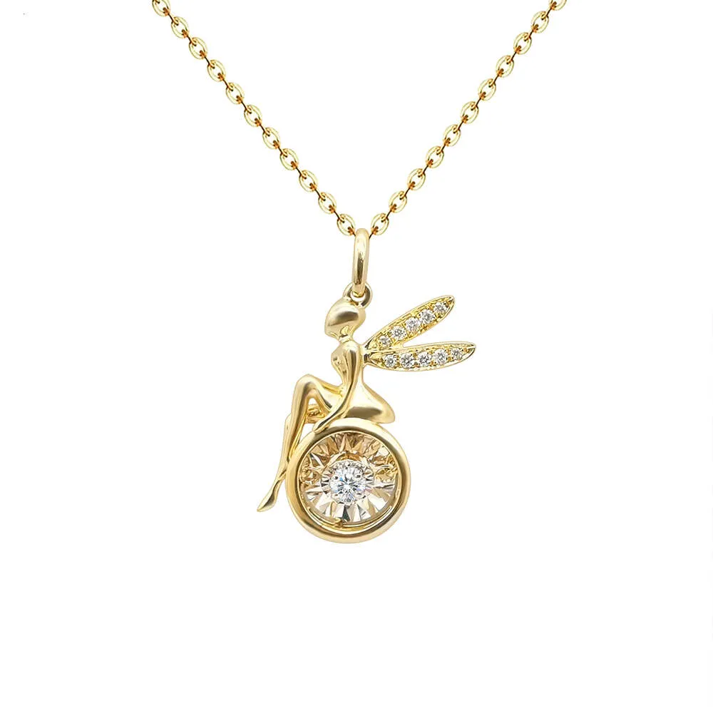 Real Fairy Design Dancing Angel Pendant Fine Solid Gold Natural Diamond Necklace Jewelry