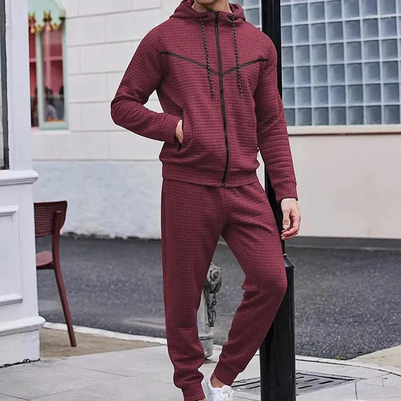 Men's Tracksuits Winter 2024 Sportwear Long Sleeve Drawstring Hoodie Tops&Pants Outfits Set Retro Check Print Zip Sweatshirt 2 Piece