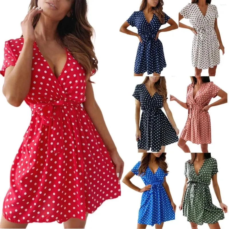 Vestidos casuais manga curta impresso polka dot lace up vestido mulheres verão midi comprimento