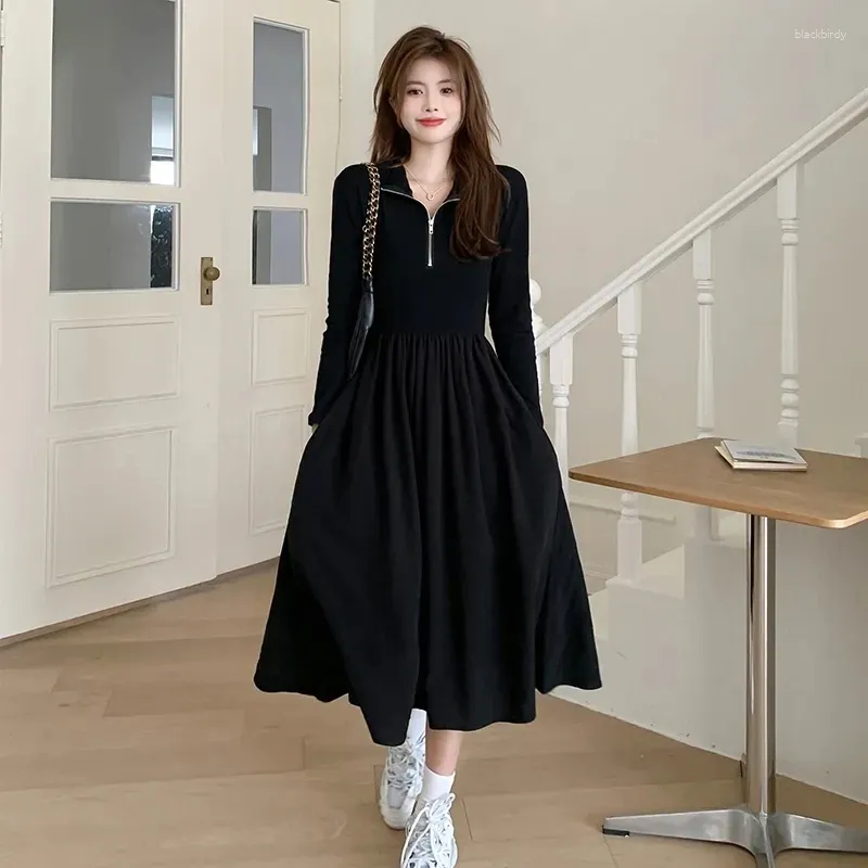 Casual Dresses Plus Size 6XL 150KG Spring Women Black Dress Long Sleeve Stand Collar High Waist Ladies Large