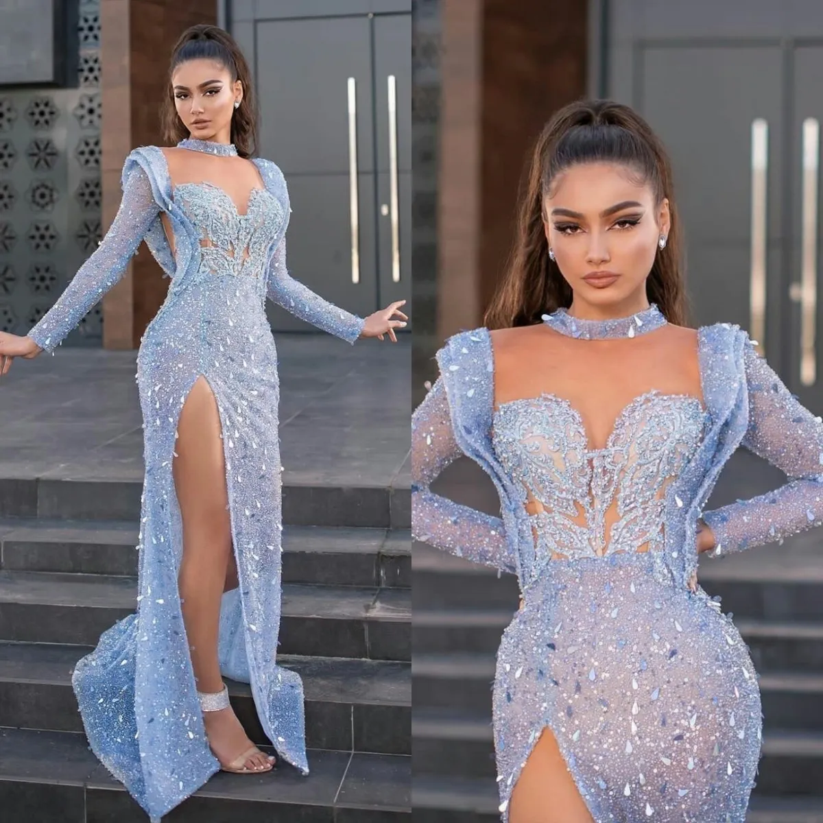 Split Elegant Side Prom Dresses Long Sleeves Evening Gowns Illusion Sequined Beaded Custom Made Party Dress