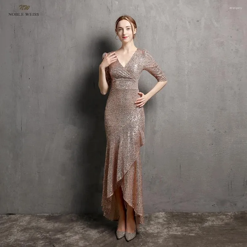 Party Dresses Prom V-Neck Floor-Length Evening Asymmetrical Sequin Woman Night Dress