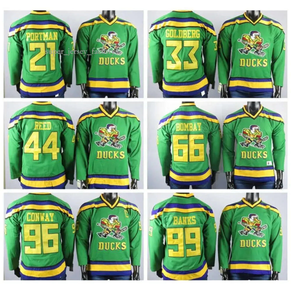 Mighty Ducks 21 Portman Jersey 33 Goldberg 44 Reed 96 Conway 99 Banks 66 Bombay geborduurde ijshockey-truien voor heren Ed 2000 8982