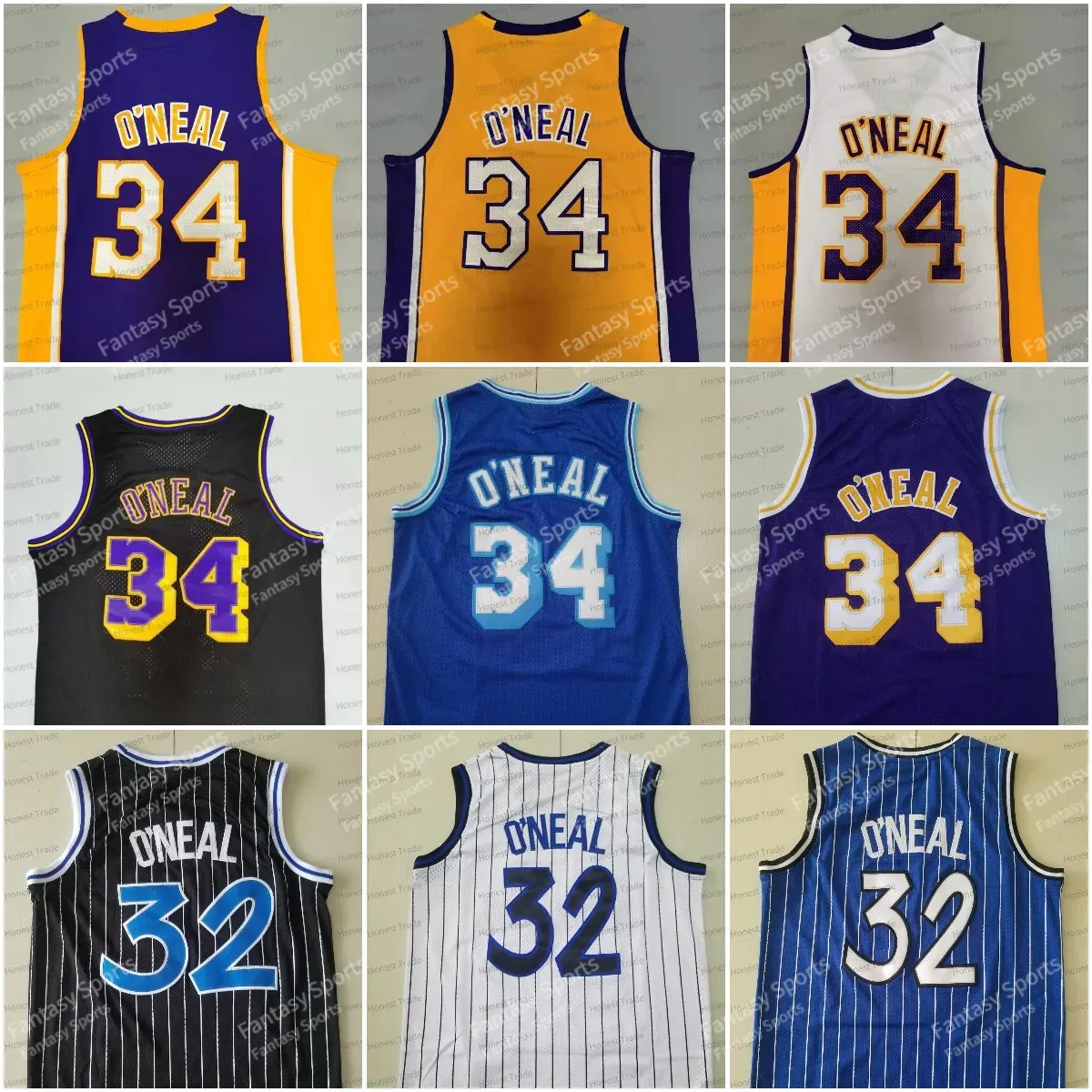 Retro 34 Shaquille ONeal 32 Basketball Jersey Shaq Neal Purple Yellow ...