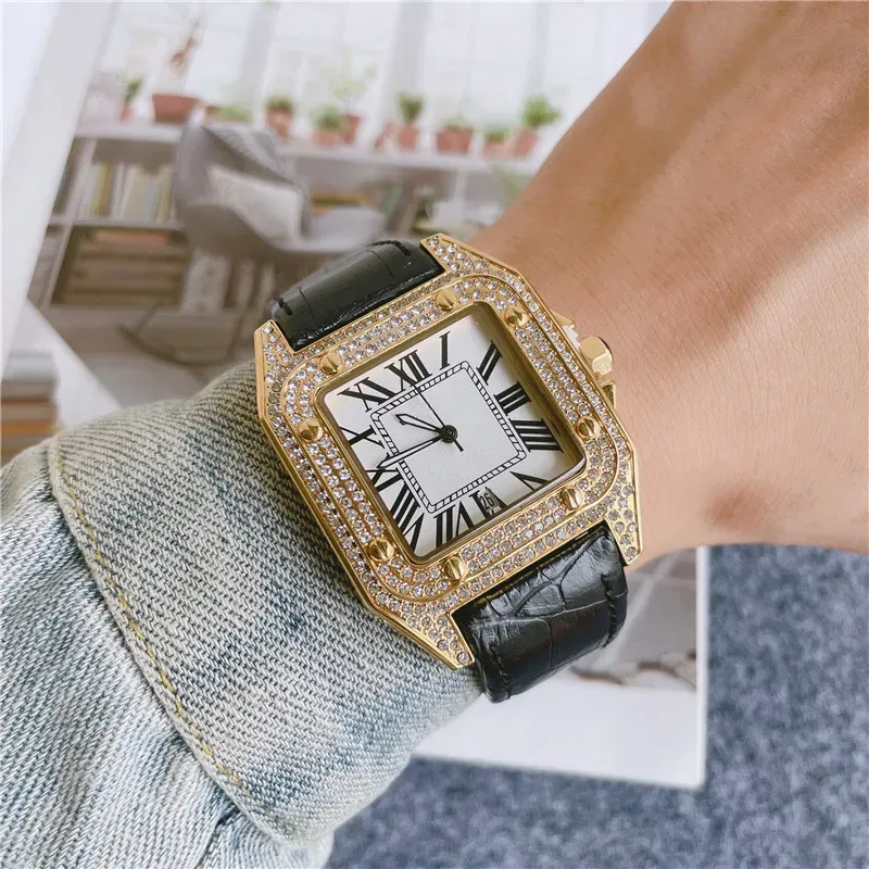 Fashion Brand Watches Men Square Crystal Style High Quality Leather Strap Wrist Watch CA56