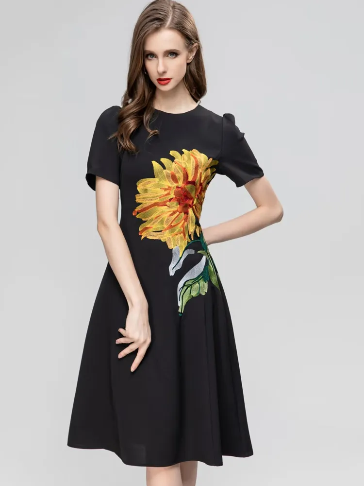 green emerald velvet dress Summer Floral Embroidered Elegant Crew Neck Long Sleeve Chiffon Abaya main image 0