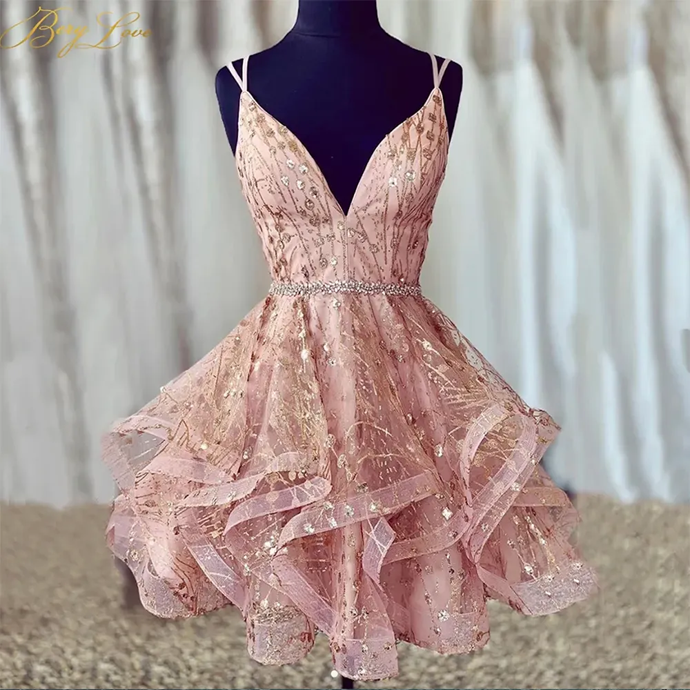 Sparkle Short Homecoming Dresses Sexig älskling Back Crisscross Cocktail Dresses Glitter Shiny Ruffles Robes Homecoming