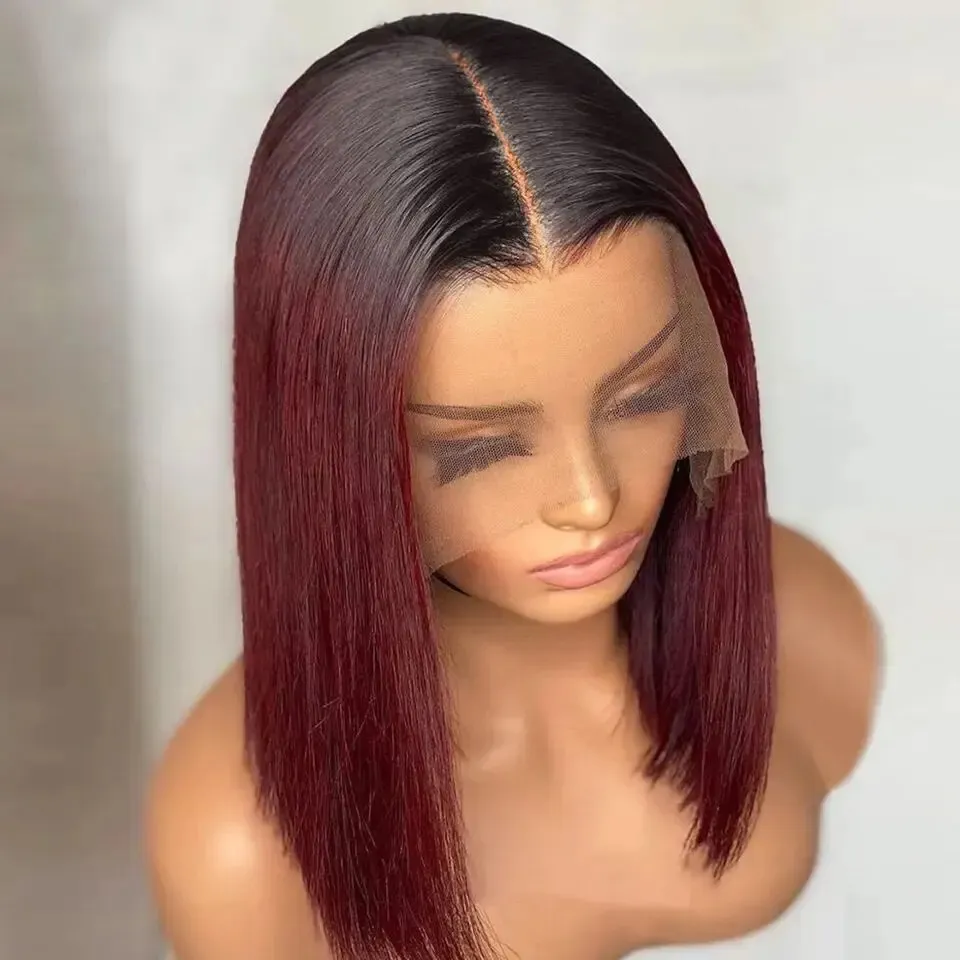 1B/99J Bourgogne Short Straight Bob Human Hair Wigs Brazilian Spets Front Human Hair Wigs Pre Plucked T Part Spets Wigs Remy Hair