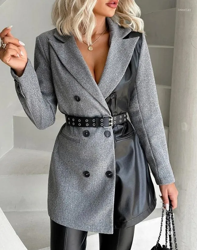 Vestes pour femmes Femme élégante double boutonnage ceinturé blazer manteau colorblock patchwork design tempérament déplacement travail veste de mode
