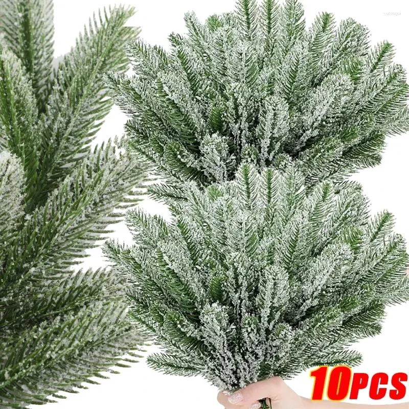 Fleurs décoratives 10/5 pièces aiguilles de pin artificielles de noël Branches de neige fausses plantes bricolage ornements de couronne d'arbre de noël cadeaux d'année à la maison