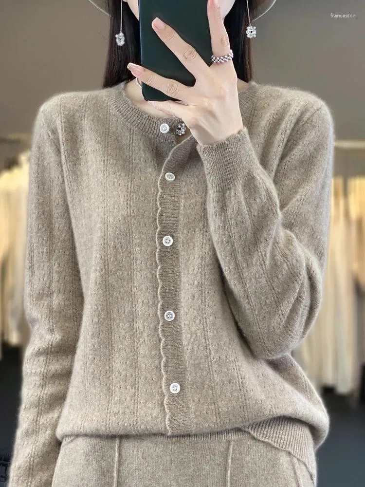 Women's Knits Spring Winter Women Clothing Cardigan Knitwear Aliselect Fashion Merino Wool Sweater O-Neck Full Sleeve Hollow Out