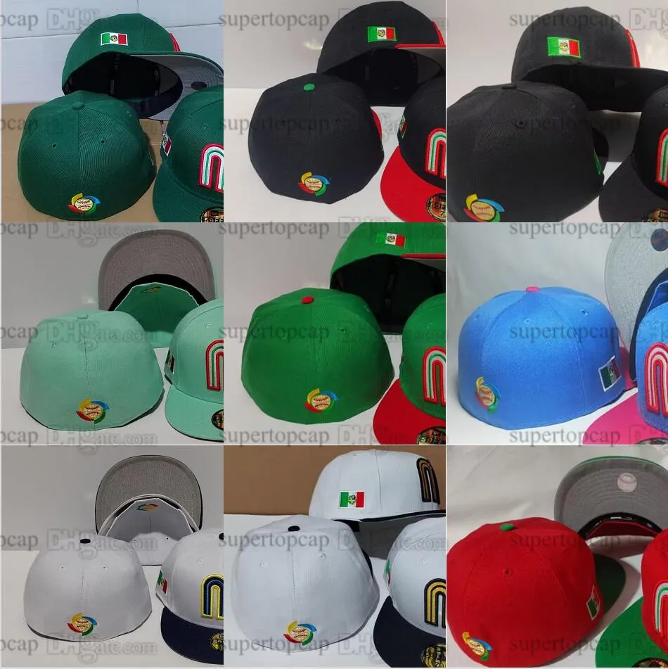 Mens Mexico World Fited Hat Grey Black Red Green Pink Flat Breb Letter M Sport Team Full Stängda kepsar Mix Färger Storlek Hattar SU12-05