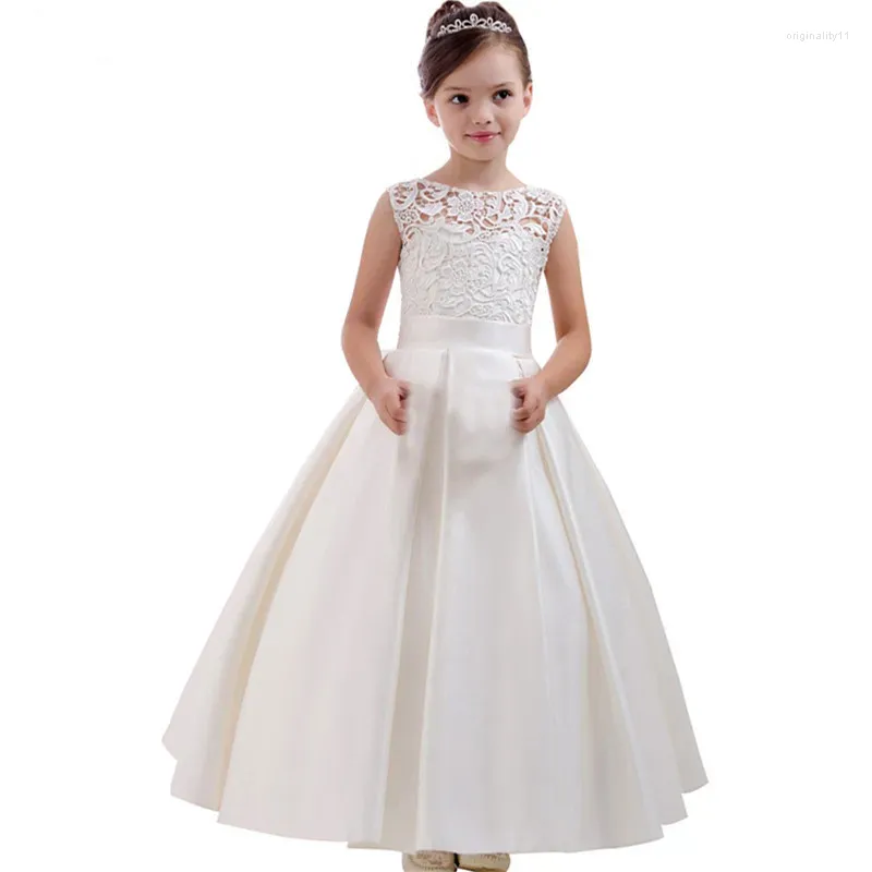 Girl Dresses Cute White Lace Appliqued Flower Dress Children First Communion Long Birthday Formal Party Wedding Gown
