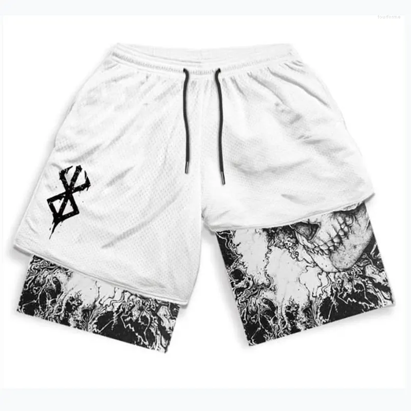 Heren shorts anime berserk manga print 2 in 1 gym compressie rekbare sport snel droge fiess workout zomer a4