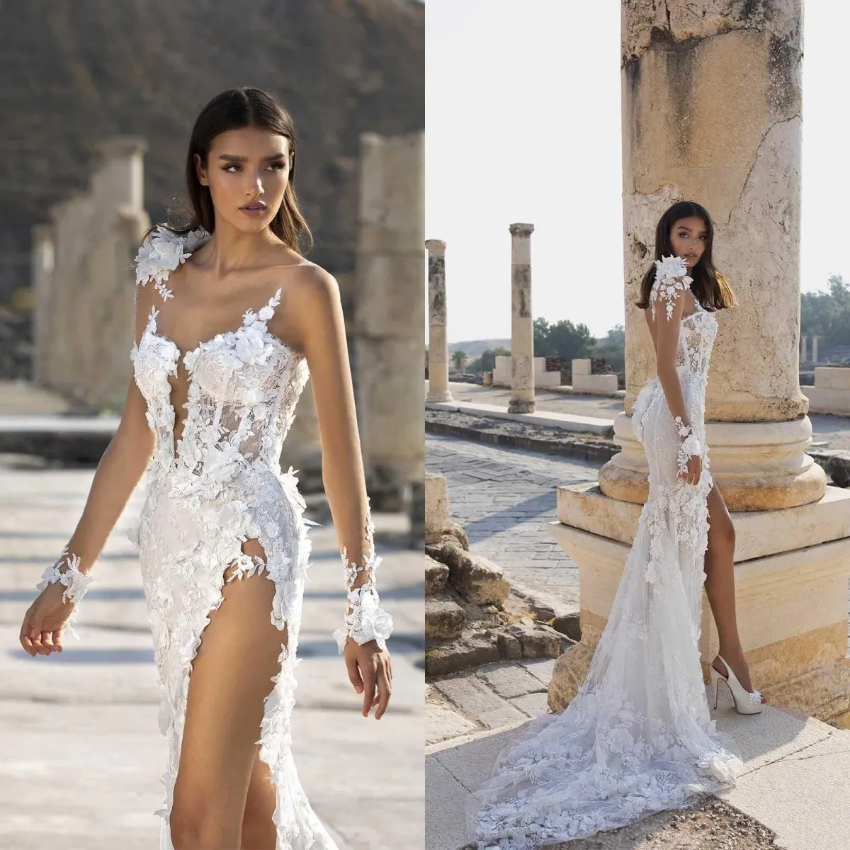 Semplici applicazioni floreali 3D Abiti da sposa a sirena Abiti da sposa in pizzo Abiti da sposa con spacco laterale senza schienale Realizzati su misura