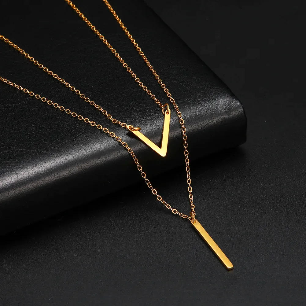 14k Yellow Gold V Shape Stick Pendant Necklace for Women Dainty First Name Initial Long Chain 2024 Party Jewelry Gift Best quality