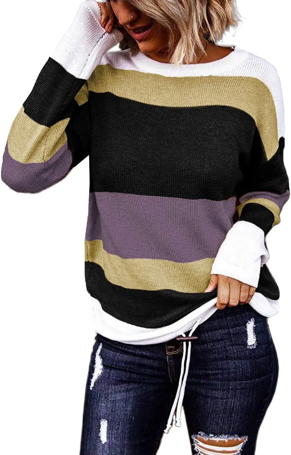 Women`s Sweaters Fall Sweaters Round Neck Striped Cute Winter Pullover Sweaters for Women Trendy 2023 Drawstring 