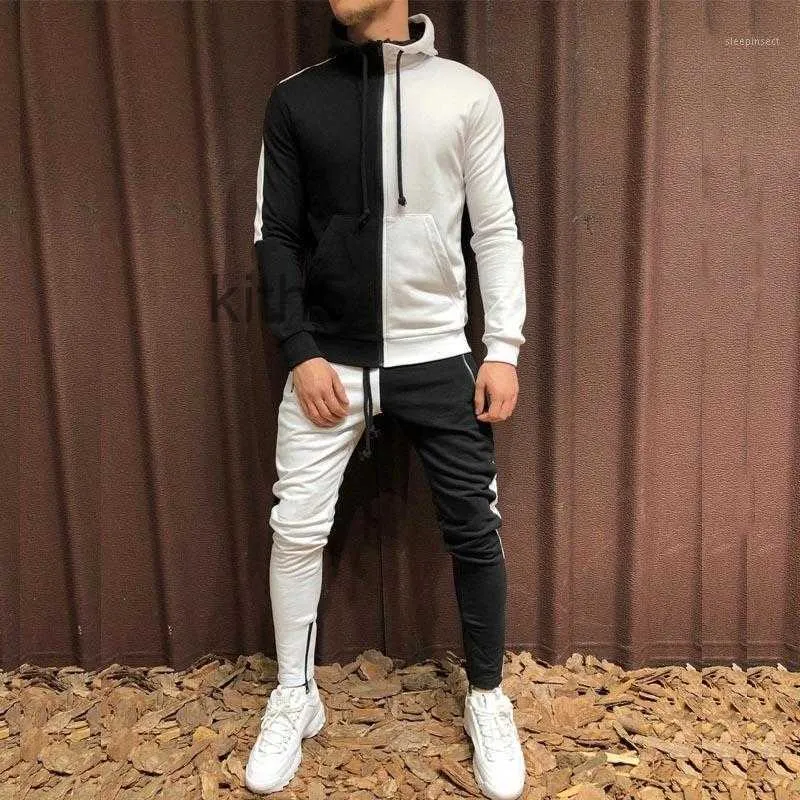 Survêtement à capuche pour hommes, ensemble deux pièces, costume de sport pour hommes, demi-noir et blanc, sweat-shirt, tenue de survêtement, automne-hiver, V3H9