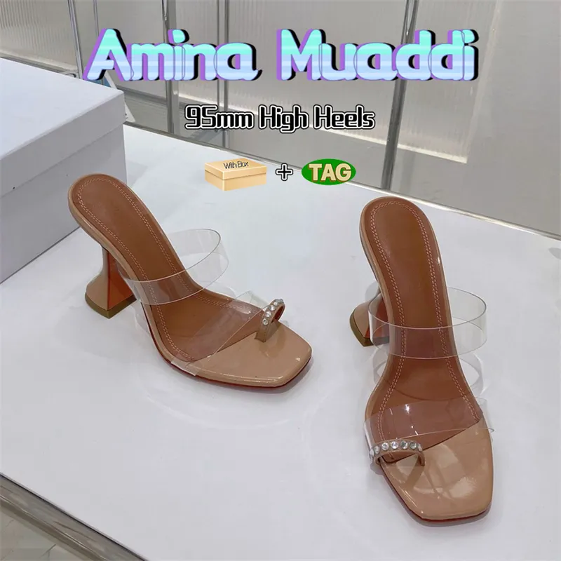 Avec boîte Amina Muaddi chaussures habillées pour femmes Sami 95 sandales en cuir verni en peau d'agneau PVC désert blanc obsidienne talons hauts pour femmes chaussures de fête de mariage EUR 34-42