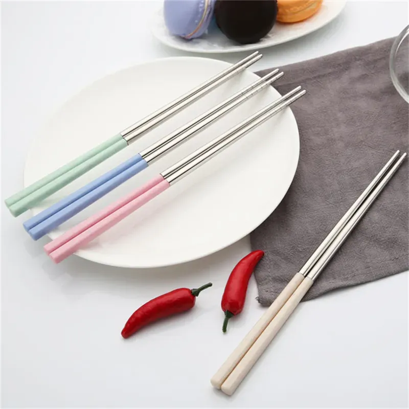 Reusable Chopstick Metal Chinese Chopstick with Plastic Wheat Straw Handle 