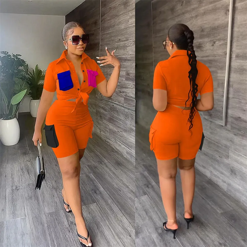 2024 Designer Tracksuits Summer Outfits Women Two Piece Sets Short Sleeve Pocket Shirt Cargo Shorts Casual Sweatsuits Solid Sportswear Bulk Wholesale Clothes 9818