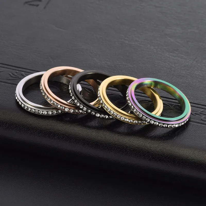 Europeu e americano minimalista circular cheio de diamante aço inoxidável rotativo anel feminino temperamento ouro jóias mão