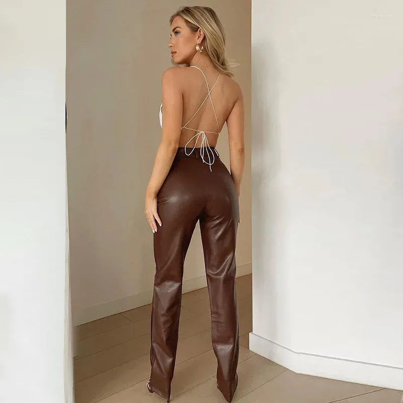 Pantalon femme 2024 taille haute PU simili cuir jambe droite ample mode décontracté marron/noir