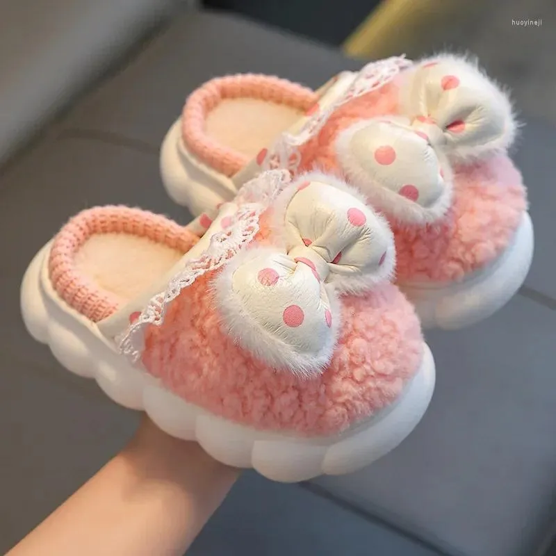 Slipper Winter Children's Cotton Slippers Polka Dot Bow Girl Princess Warm Plush Warp Heels Home Shoes Baby