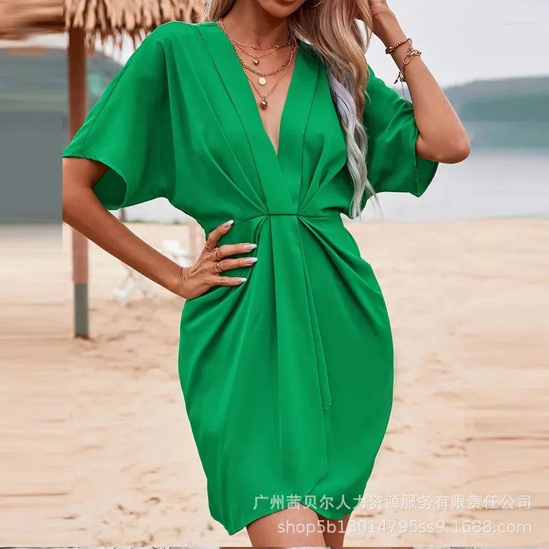 Casual Dresses Plunge Ruched Short Sleeve Dress Women High Waist Solid Color V Neck Summer Spring Mini