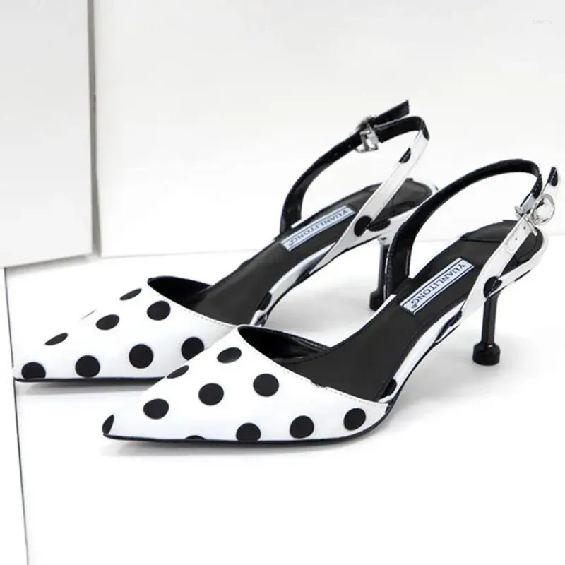 Chaussures habillées Polka Dot Gladiator Sandales Femmes Noir / Blanc Couleur Mixte Pointu Été Talons Hauts Sangle Arrière Talon Mince Sandalias Y830