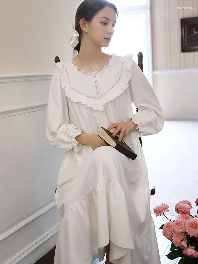 Mulheres Sleepwear 2024 Primavera Princesa Nightdress Mulheres Francês Solto Sólido Algodão Manga Longa Lace Collar Fada Victorian Nightgowns