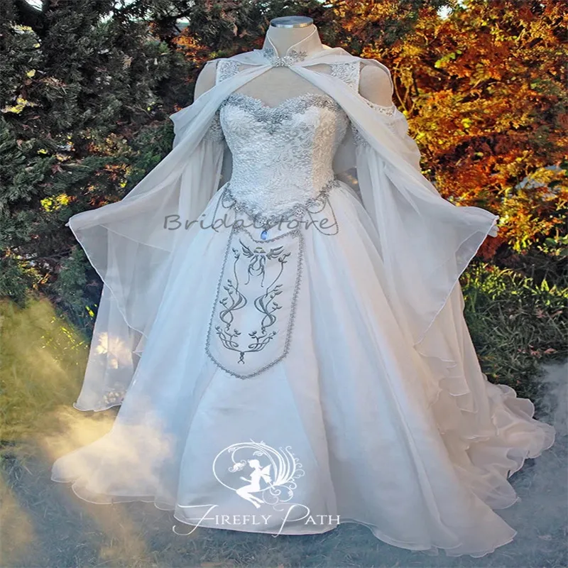 Medieval frodo elven cloak Hood Fairy Wedding Dress with Long Sleeves, Lace Embroidery, and Celtic Bridal Gown - Fantasy Victorian Bride G Griown (