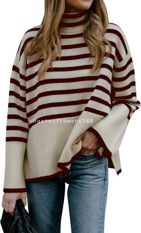 Pulls pour femmes 2024 Pull rayé à manches longues pour femmes Col roulé Casual Loose Side Split Rib Knit Pull surdimensionné Jumper Tops