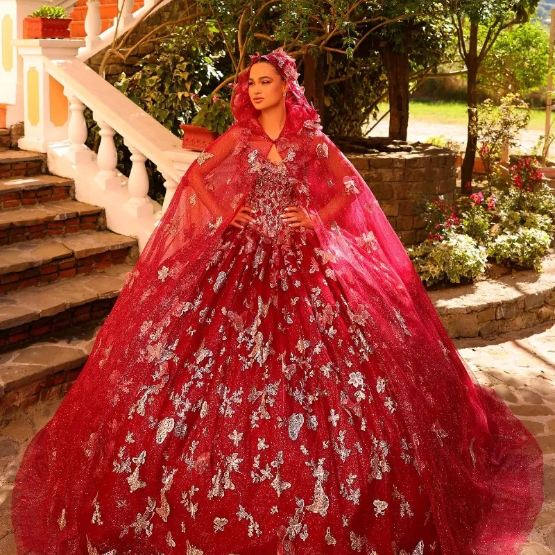 Robe de bal à paillettes rouges, épaules dénudées, robes de Quinceanera, douce 16 princesse, perles avec nœud appliqué, avec cape, robes de bal, robes de 15 ans