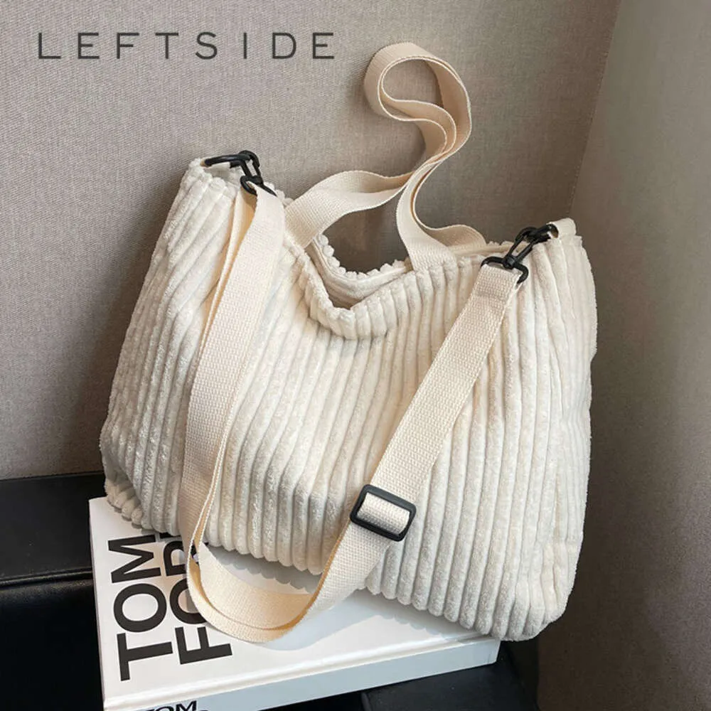 Totes LEFTSIDE Solid Soft Corduroy Handbags for Women Winter Shoulder Side Bag Vintage Large Shopper Shopping Bags Zipper Totes