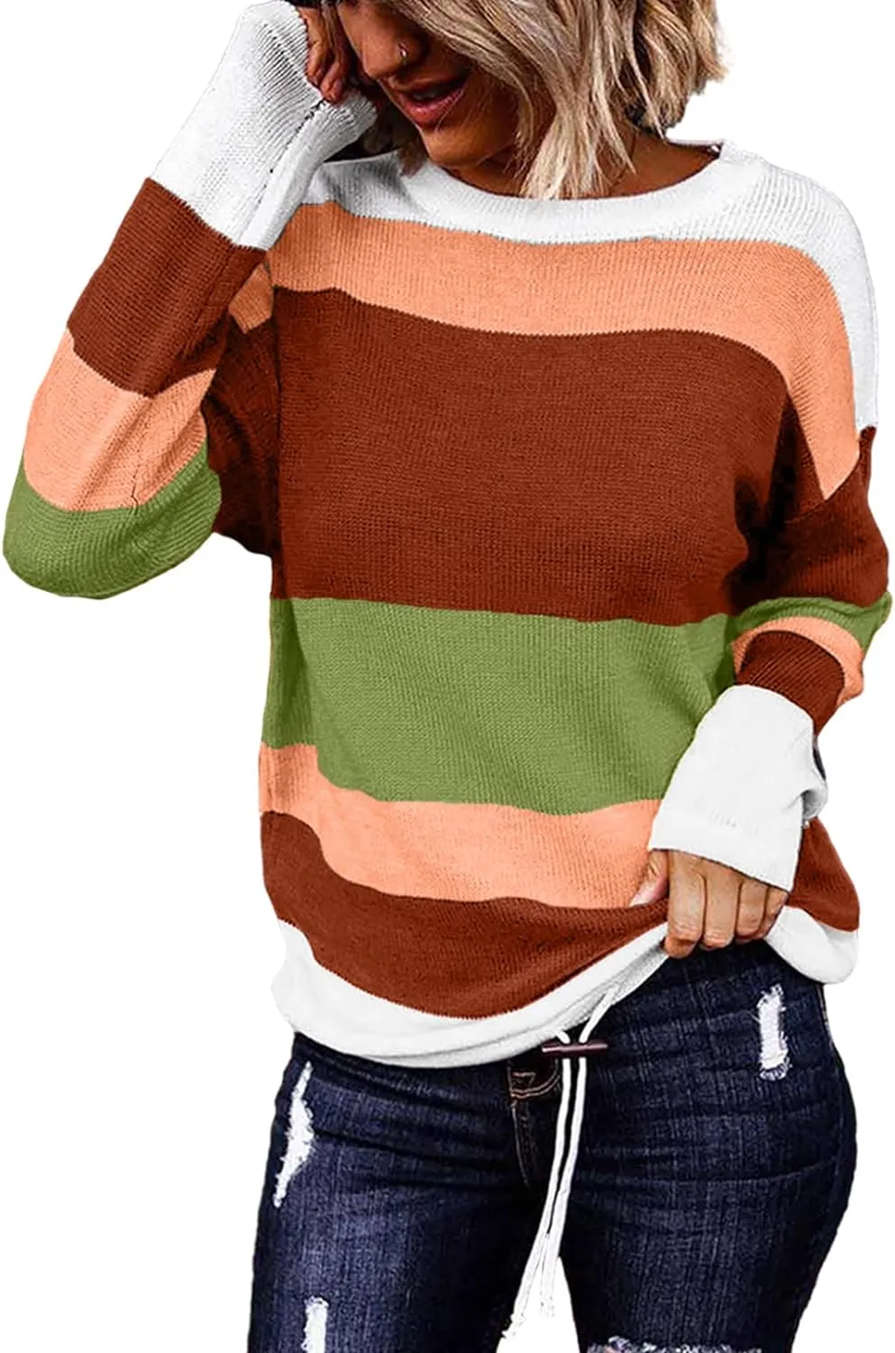 Women`s Sweaters Fall Sweaters Round Neck Striped Cute Winter Pullover Sweaters for Women Trendy 2023 Drawstring 