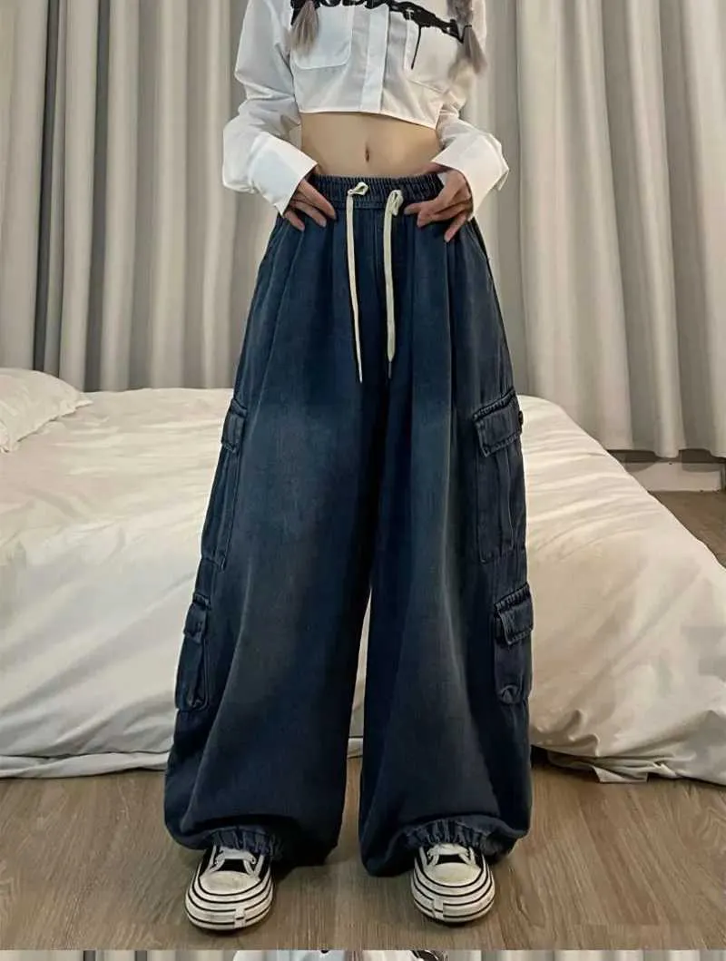 Grunge Hot Girl Vintage Big Pocket Oversized Baggy Cargo Jeans Femme  Elastic Waist Straight Wide Leg Pants Denim Trousers Women