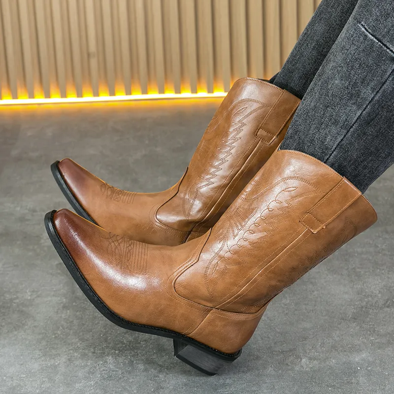 DHgate Mens Western Cowboy Boots Pointed Mid Leg PU Flat Bottomed Square Heel Embroidered Retro Fashion Knight Boots Shoes Accessories