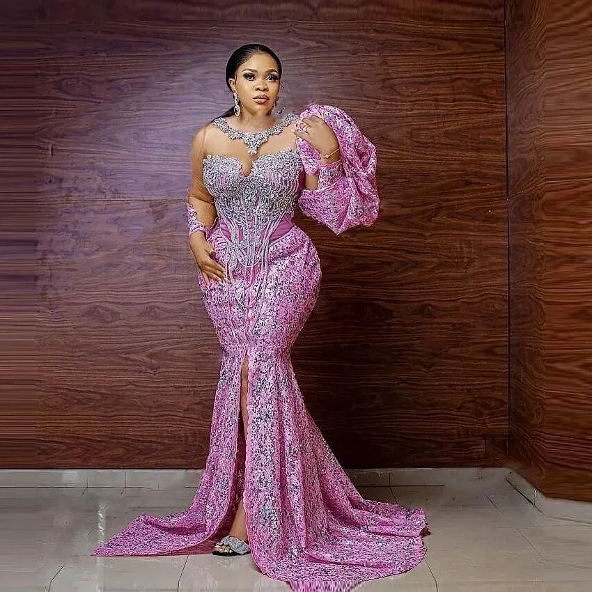 Arabiska aso ebi rosa spets mremaid prom klänningar främre delade långa ärmar chic special tillfälle klänning för kvinnor 2024 plus size aftonklänningar